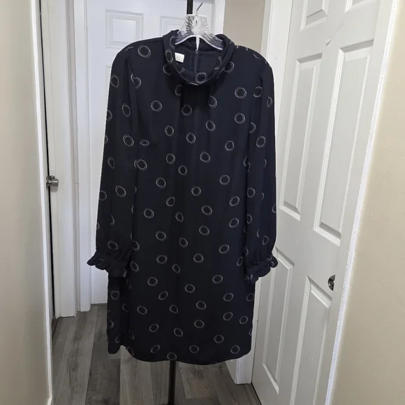 Hobbs Black Dotted Dress | Elegant Shift Midi | Ruffle Sleeve - Picture 2 of 8